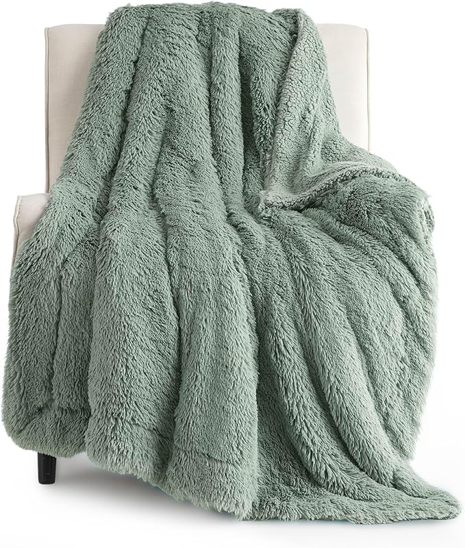 Bedsure GentleSoft Fuzzy Sherpa Faux Fur Twin Blanket Sage Green Cozy Gifts by BEDSURE