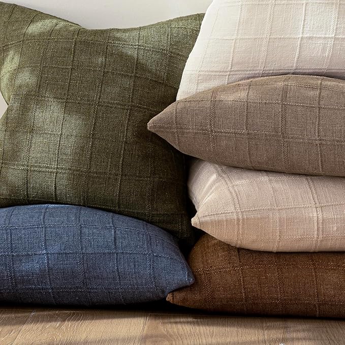 Foindtower Set of 2 Decorative Linen Check Throw Pillow Covers Neutral Farmhouse Vintage Cushion Covers Modern Boho Home Decor for Sofa Chair Couch Bedroom Living Room Outdoor,16×16 Inch,Tan Taupe