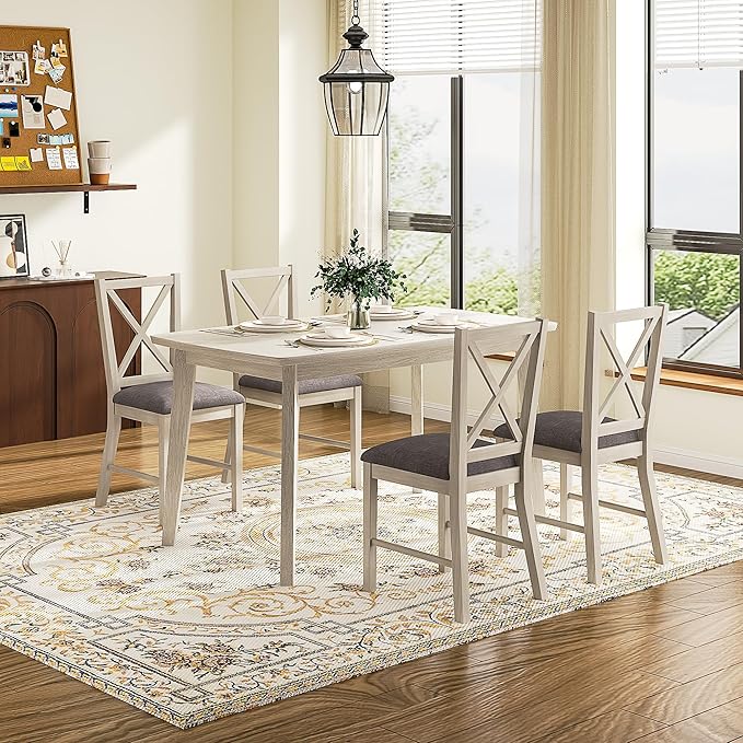 Solid Wood Dining Chairs Set of 4, Farmhouse Chairs with High Cross Back and Upholstered Seat, Easy Assembly for Dining Room, Kitchen, Washed Gray