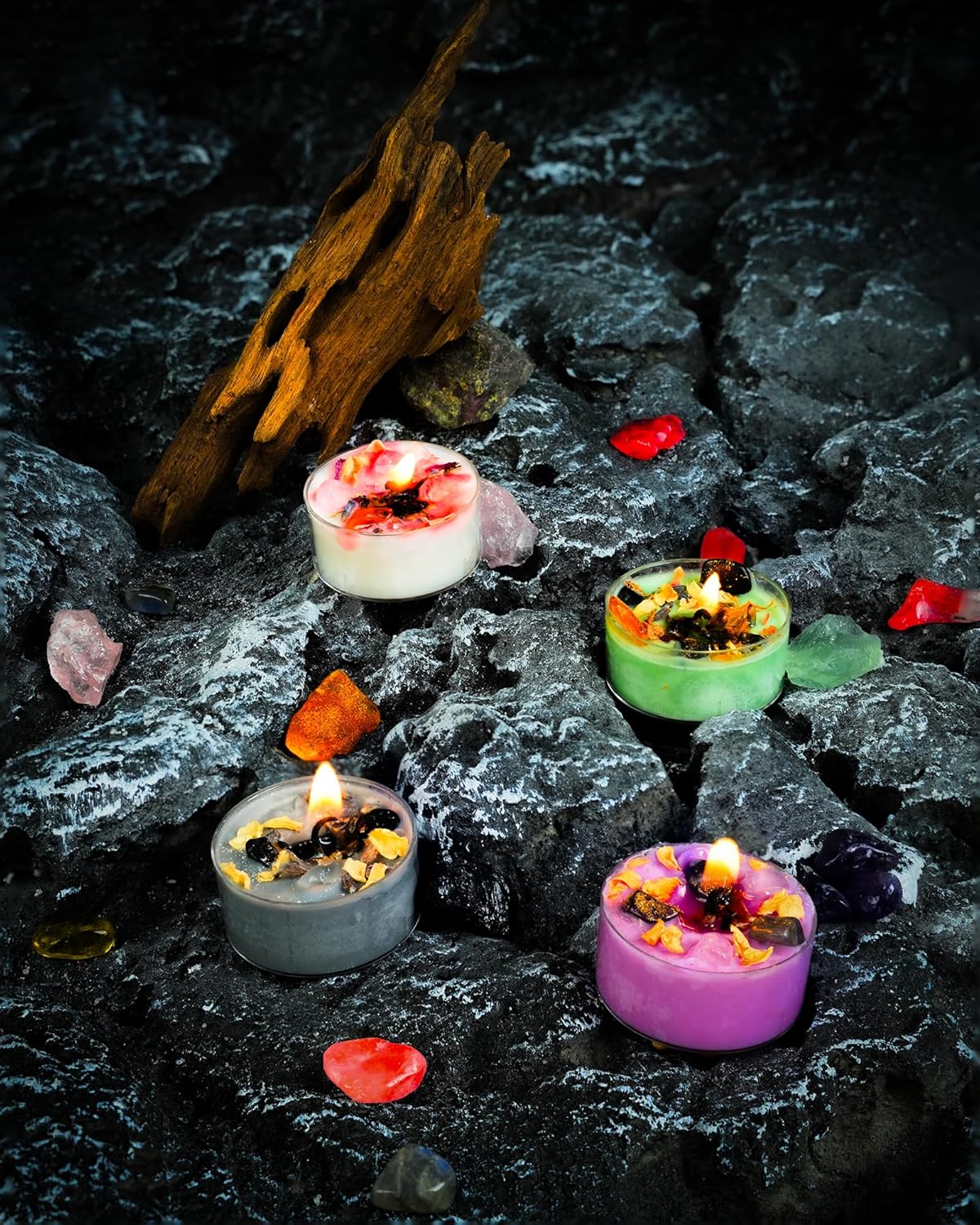 Tealight Soy Candles with Crystals And Herbs, Handmade Energy Candles, Healing Crystal Soy Candles, Aromatherapy Candles. (Mixed)