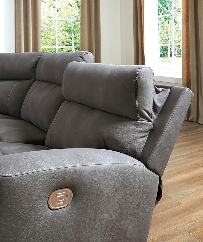 Signature Design by Ashley Next-Gen DuraPella Contemporary Faux Leather Modular Wall Hugger 2-Piece Power Reclining Sectional Loveseat with Adjustable Headrest and USB Ports, Gray