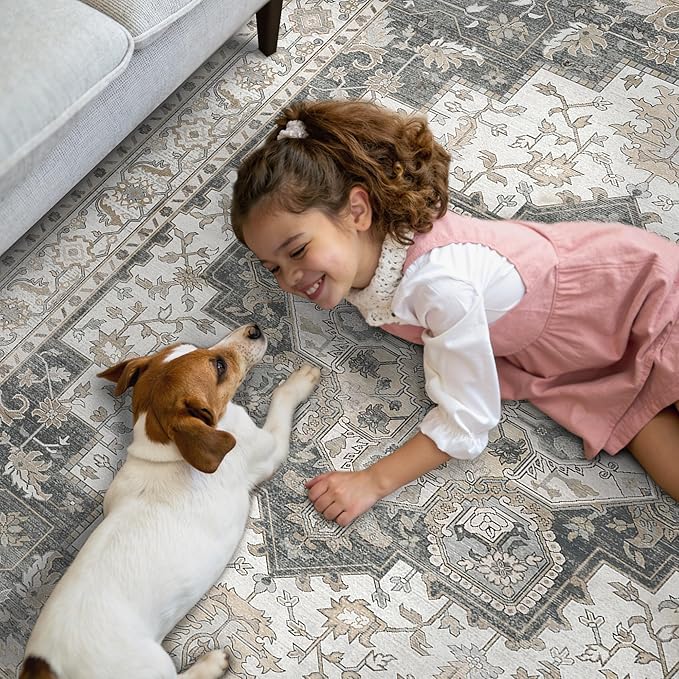 GENIMO 2'6''x10 Runner Rugs for Hallway, Machine Washable Non Slip Vintage Rugs, Low Pile Lightweight Soft Print Rug for enrtyway, Corridor, Home Office, Kitchen, Heathered Grey