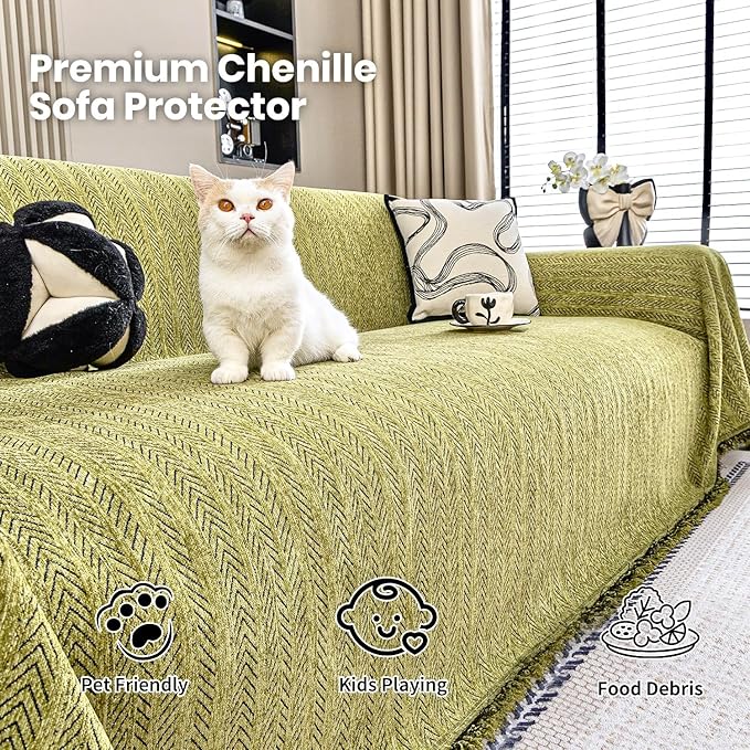 Nobildonna Sofa Cover Washable Soft Thicken Chenille Couch Cover with Tassel,Waterproof Sofa Slipcover for 3-4 Cushion Couch,Sectional Sofa,L-Shaped Furniture Protector Pet-Friendly,Green 71"x134"