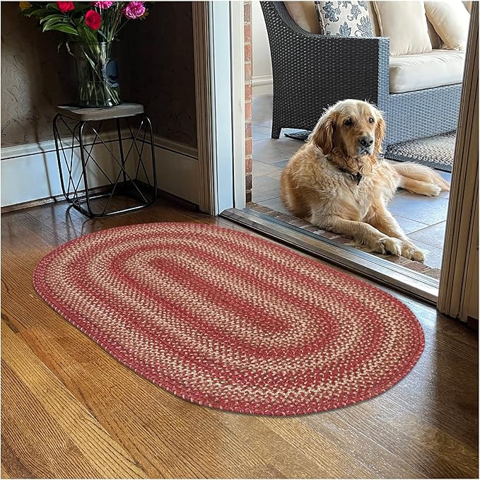 Homespice 2x3' Red Oval Braided Rug. Apple Pie Red Jute Oval Rug. Uses- Entryway, Kitchen Rugs, Bathroom Rugs. Reversible, Rustic, Country, Primitive, Farmhouse Decor Rug