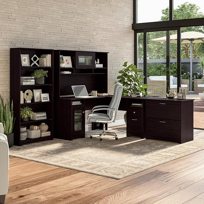 Bush Furniture Tall 5 Shelf Bookcase, Large Open Bookshelf, Sturdy Display Cabinet for Living Room or Home Office, Cabot Collection, Espresso Oak