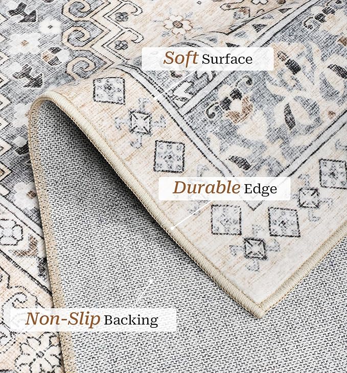 zesthome 6x9 Area Rug, Super Soft Washable Rugs for Living Room, Non-Slip Stain Resistant Vintage Rugs, Ultra-Thin Large Area Rugs (Beige,6'x9')