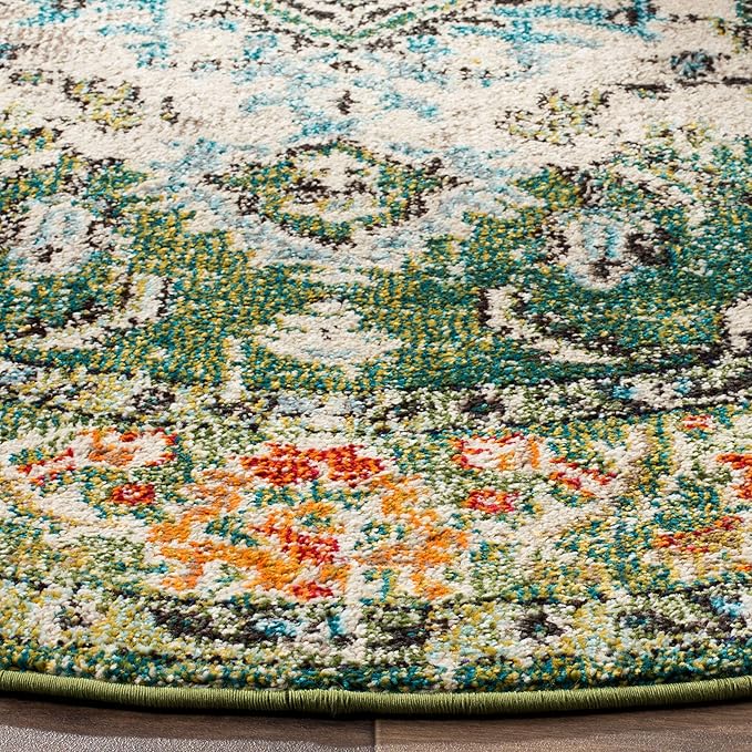 SAFAVIEH Monaco Collection Area Rug - 12' Round, Forest Green & Light Blue, Medallion Distressed Design, Non-Shedding & Easy Care, Ideal for High Traffic Areas in Living Room, Bedroom (MNC243F)
