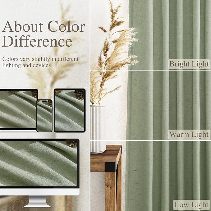 Nanspring Light Sage Linen Curtains 96 Inches Long 2 Panels Set - Image 3