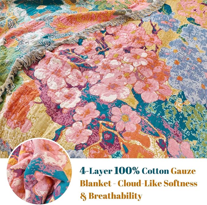 MSGKV Boho Throw Blanket for Couch 50"x60" Cotton Floral Blankets for Sofa - Image 4