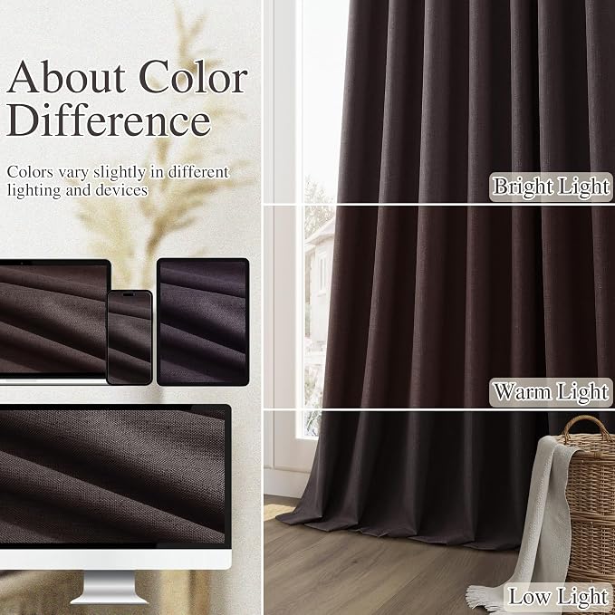 Guken Cocoa Coffee 100% Blackout Linen Curtains 96 Inch Length 2 Panels Set - Image 7