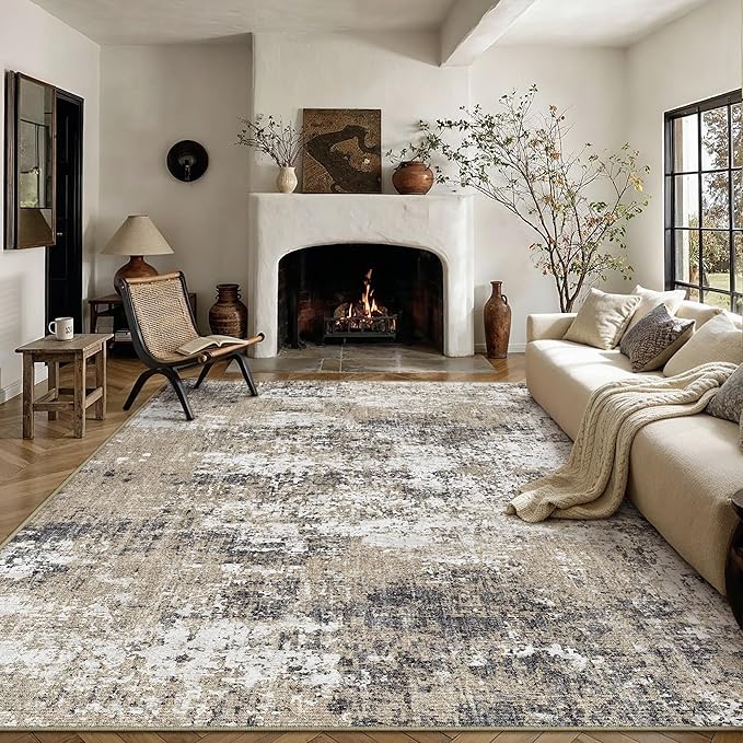 6x9 Abstract Area Rug Brown Washable Modern Neutral Living Room Carpet Non Slip - Image 3