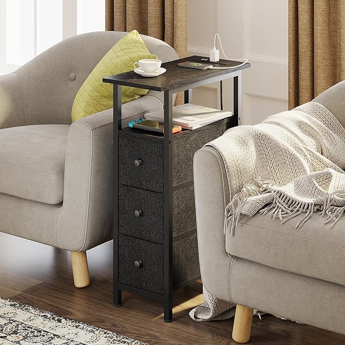 End Table with Charging Station, Narrow Side Table with 3 Fabric Drawers, Skinny Nightstand with LED Light, Slim Bedside Table for Bedroom, Living Room, Small Spaces, Black