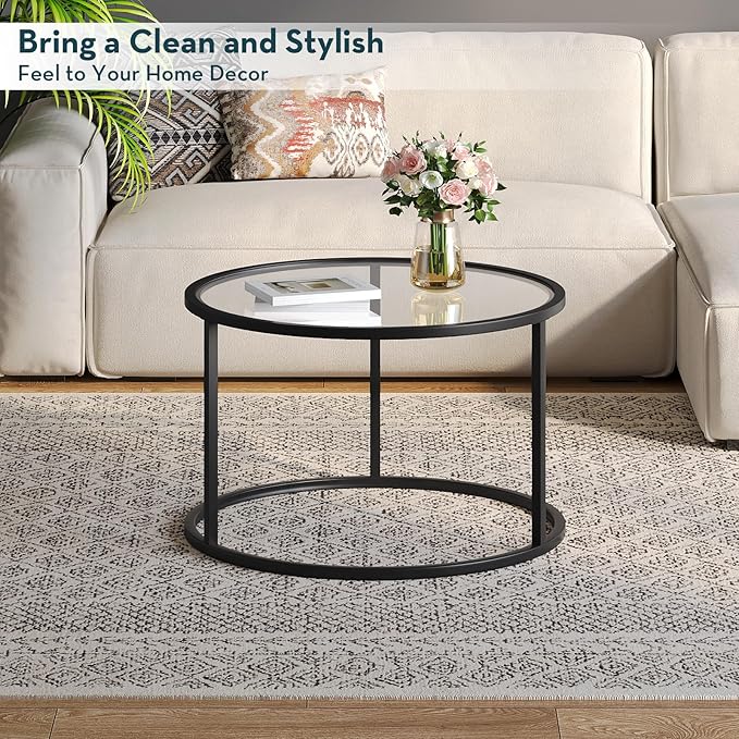 SAYGOER Round Coffee Table Glass Small Coffee Tables for Living Room, 27.6 inch Modern Center Table for Office Apartment, 5 MM Tempered Clear Glass Top, Black Metal Frame
