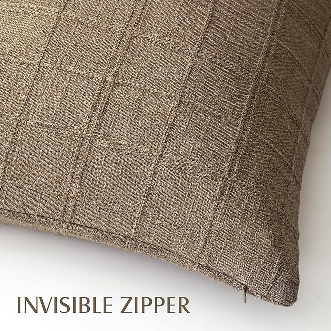 Foindtower Set of 2 Decorative Linen Check Throw Pillow Covers Neutral Farmhouse Vintage Cushion Covers Modern Boho Home Decor for Sofa Chair Couch Bedroom Living Room Outdoor,18×18 Inch,Light Brown