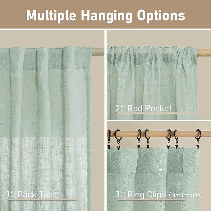 LAMIT 54 Inch Semi Sheer Window Linen Curtains, Light Filtering Panels Back Tab - Image 3