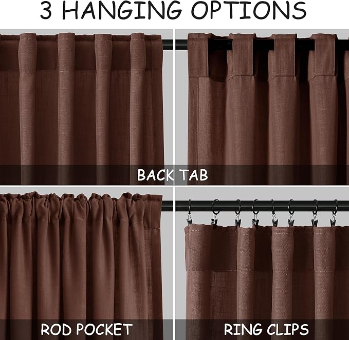 Rustic Brown Linen Curtains 63 Inches Long 2 Panel Sets - Image 2