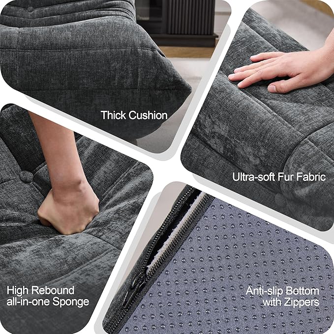 Hobestluk Bean Bag Chairs for Adults Giant Bean Bag Chair Memory Foam BeanBag Chair Bean Bag Sofa with Filler Faux Fur Fireside Beanbags Lazy Sofa for Living Room Bedroom (Darkgrey Chenille, 3-Seater)