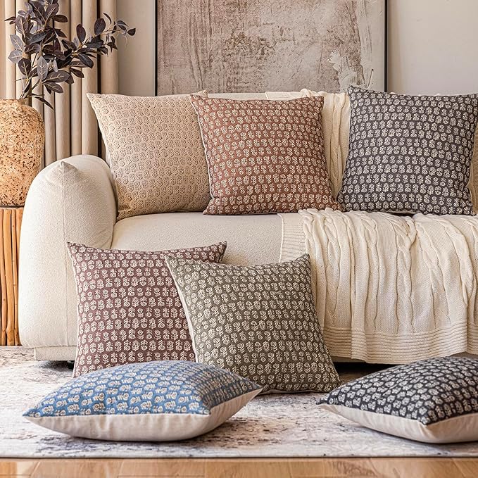 Foindtower Set of 2 Decorative Neutral Floral Print Throw Pillow Covers Vintage Accent Farmhouse Cushion Covers Boho Home Decor for Sofa Couch Chair Bedroom Living Room Outdoor,20×20 Inch,Rustic Gray
