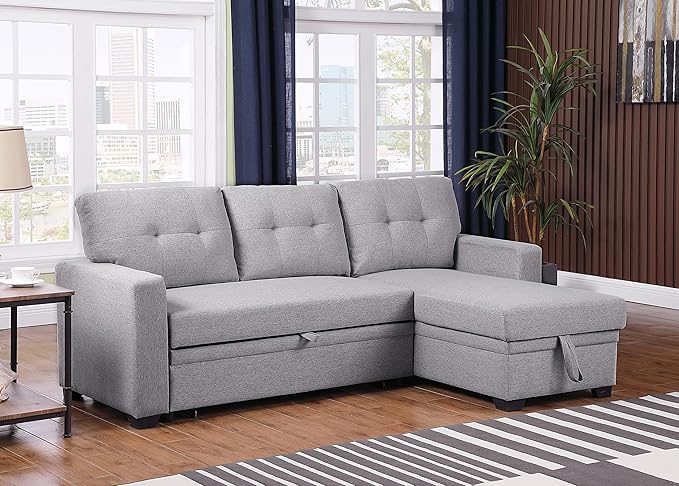 Devion Furniture Garisa 4-in-1 Convertible L Shaped Couch with Pull Out Bed and Storage, Sectional Sleeper Sofa with Reversible Chaise for Living Room, Apartment, Bedroom, Office