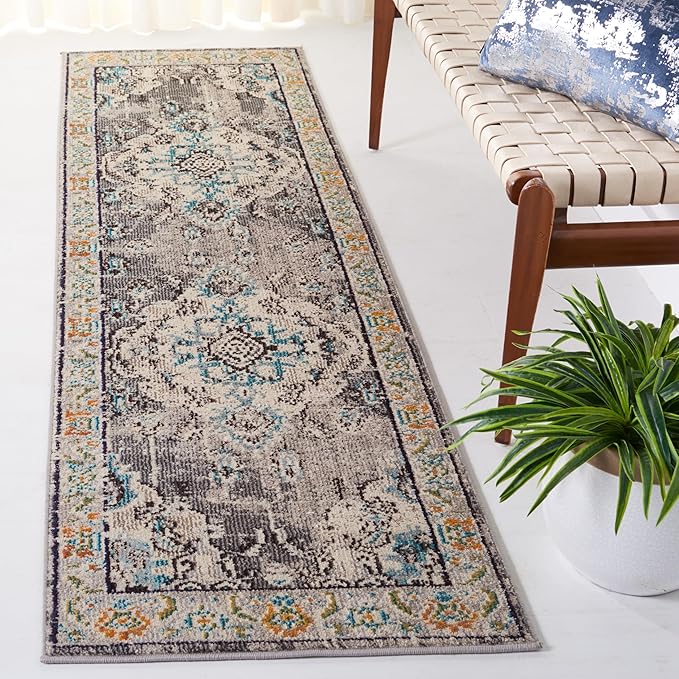 SAFAVIEH Monaco Collection Runner Rug - 2'2" x 8', Grey & Light Blue, Boho Chic Medallion Distressed Design, Non-Shedding & Easy Care, Ideal for High Traffic Areas in Living Room, Bedroom (MNC243G)