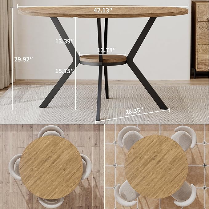 Round Dining Table for 4, 42 Inch Farmhouse Kitchen Table with Storage, Rustic Wooden Circle Dinner Pedestal Table with Metal Legs, Space Saving Kitchen & Dining Room Furniture, Natural Wood