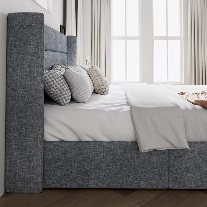 SHA CERLIN King Size Lift Up Storage Bed/Modern Wingback Headboard/Upholstered Platform Bed Frame/Hydraulic Storage/No Box Spring Needed/Wood Slats Support/Grey Blue