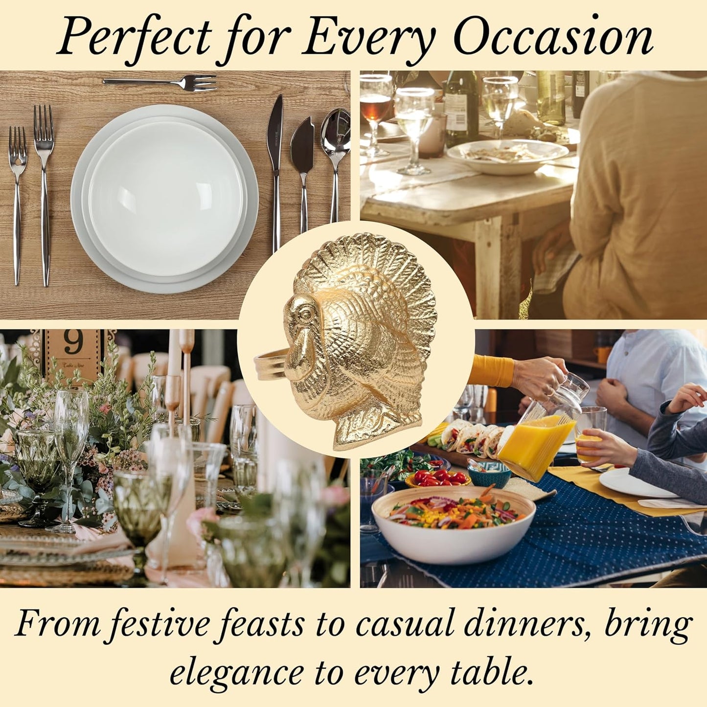 Gold Napkin Rings Set of 12 - Turkey Bird Stylish Metal Lightweight Serviette Holders for Elegant Table Settings | Perfect for Dinner Parties, Holidays, Weddings & Everyday Use - ALPHA Living HOME