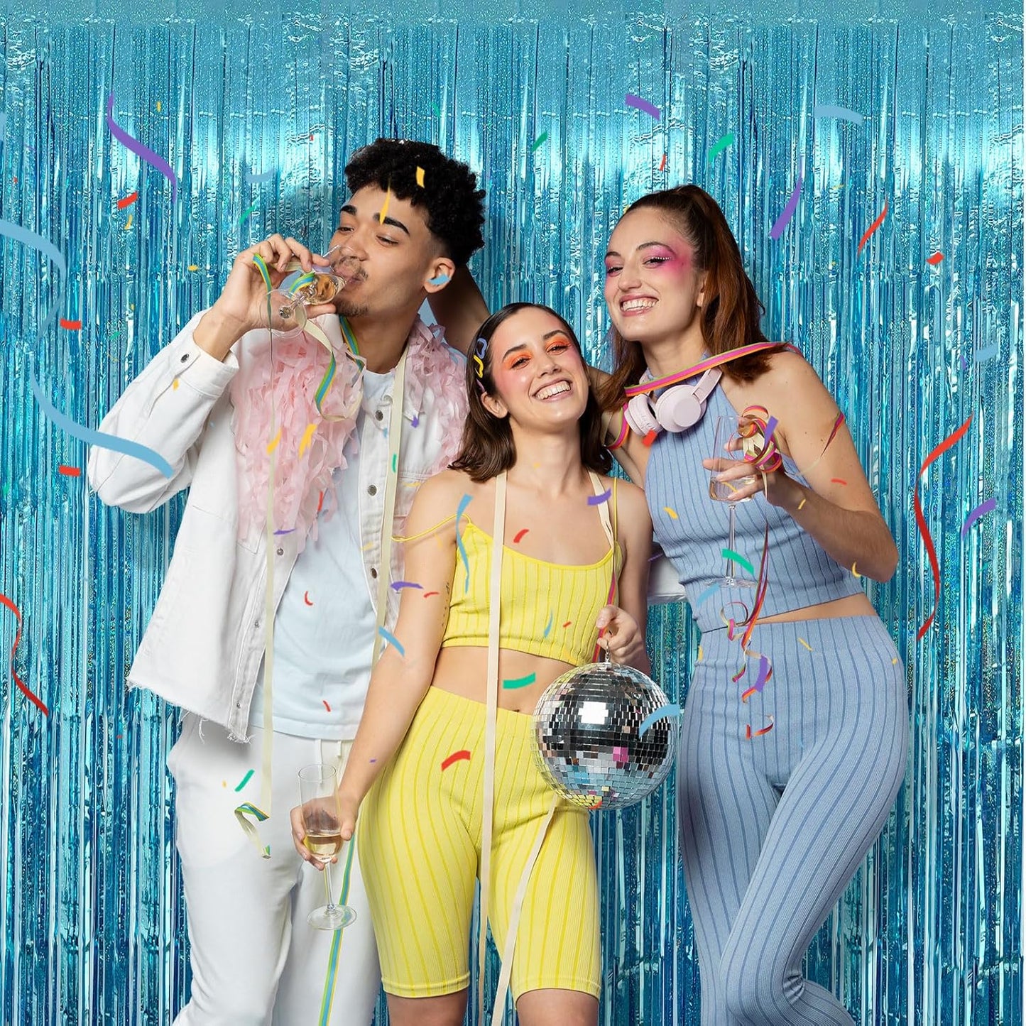 5 Pack Blue Tinsel Streamers Foil Fringe Curtains Backdrop for Baby Shower Graduation Gender Reveal Ocean Disco Theme Party Decorations