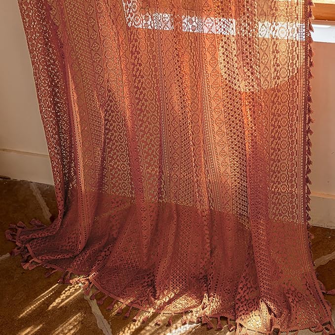 WAZZIO Boho Lace Curtains 80 Inches 2 Panel, Light Filtering Privacy Tassel & - Image 7