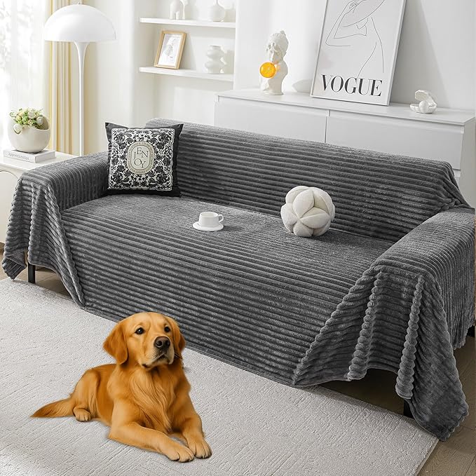 HAOMAIJIA Faux Fur Sofa Covers Couch Covers for 3 Cushion Couch Sofa Pet Friendly Soft Non Slip Couch Cover for Dogs Washable Sectional Couch Covers L Shape Furniture Protector (Grey, 91"x150")
