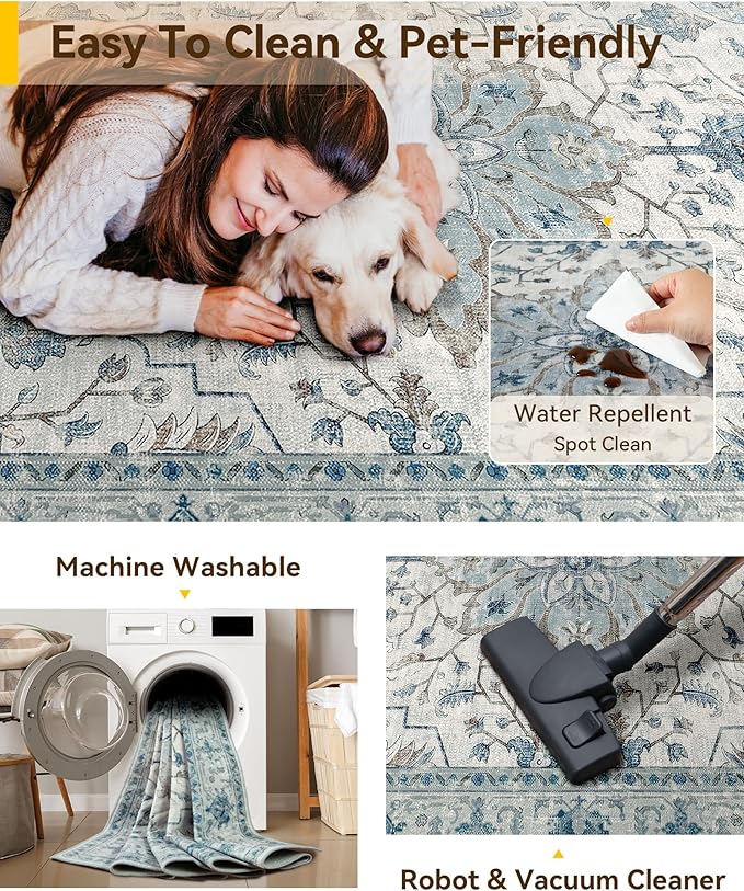 Area Rugs 3'x5' Washable Non-Slip, Floral Vintage Distress Print Pattern - Image 4