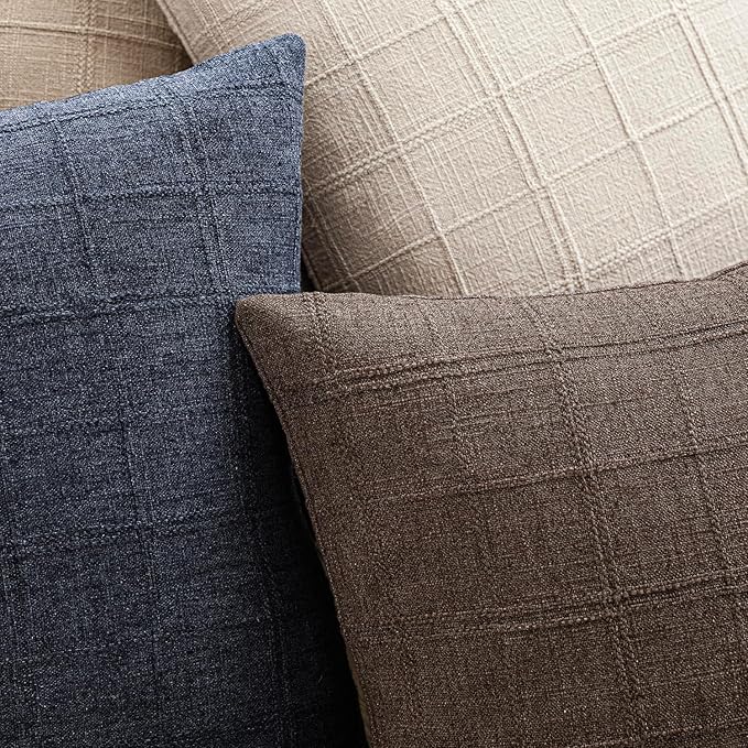 Foindtower Set of 2 Decorative Linen Check Throw Pillow Covers Neutral Farmhouse Vintage Cushion Covers Modern Boho Home Decor for Sofa Chair Couch Bedroom Living Room Outdoor,26×26 Inch,Dark Brown