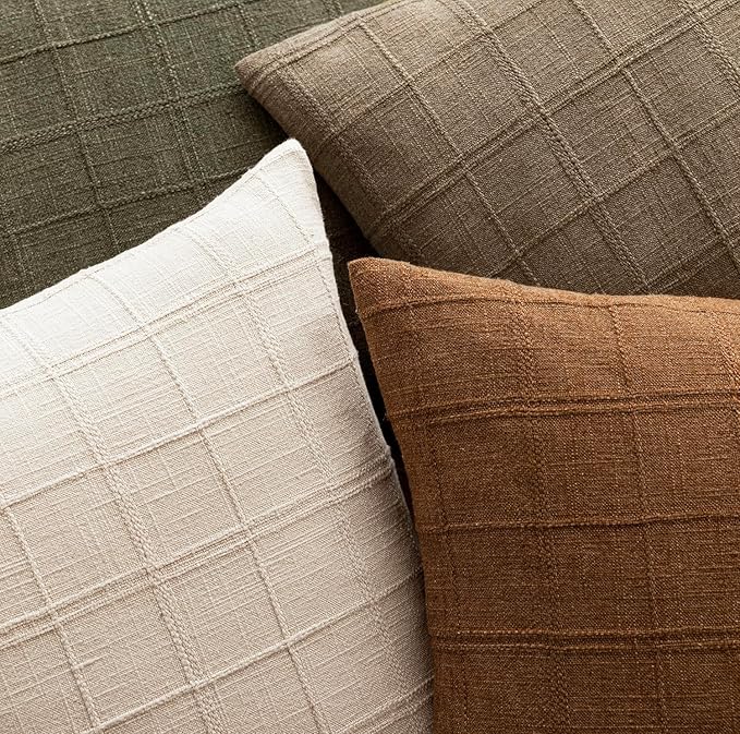 Foindtower Set of 2 Decorative Linen Check Throw Pillow Covers Neutral Farmhouse Vintage Cushion Covers Modern Boho Home Decor for Sofa Chair Couch Bedroom Living Room Outdoor,20×20 Inch, Brown