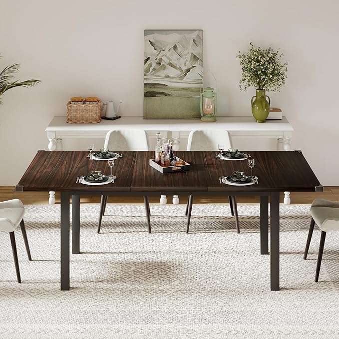 Feonase 63" Extendable Kitchen Table, Modern Farmhouse Dining Table for 4-8, Wooden Dining Room Table for Small Space, Dining Room, Home Office, Living Room Furniture, Espresso