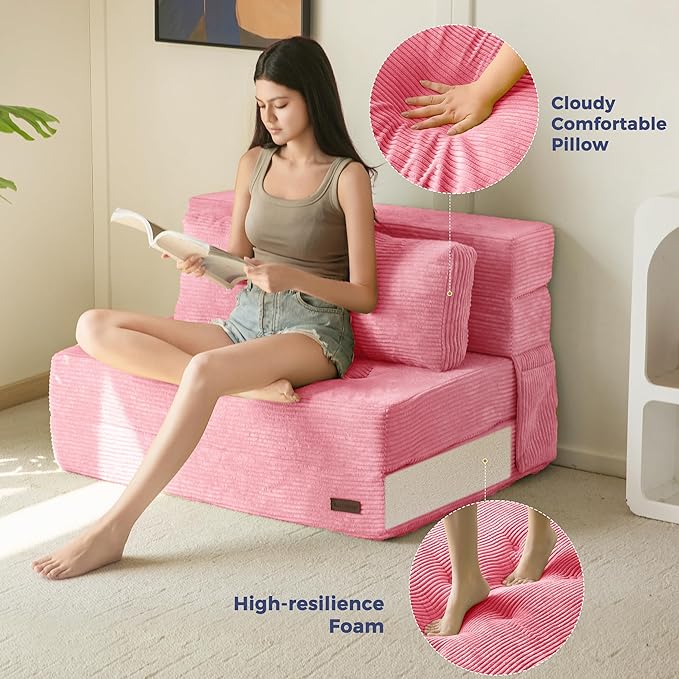 MAXYOYO Convertible Sofa Bed, Fold Out Sleeper Sofa with Pillow, 4 in 1 Tufted Folding Couch Bed Foam Floor Couch, Lazy Chair for Living Room Bedroom Guest Room, Pink