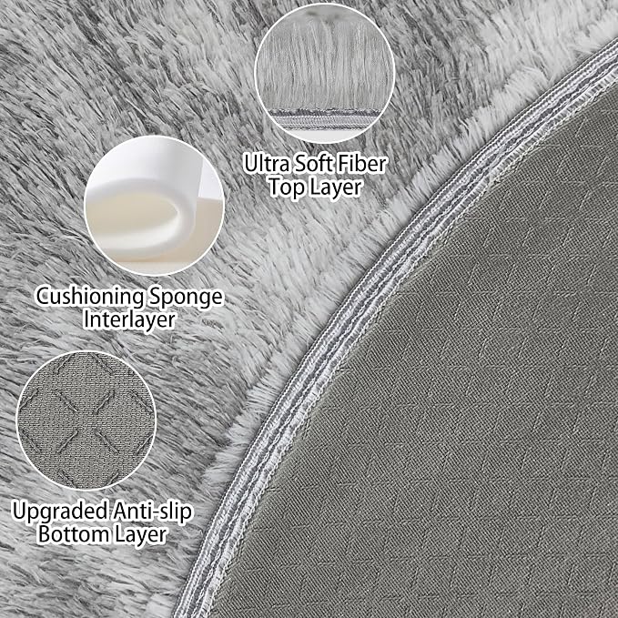 Tie Dye Grey Round Rugs Small 3x3 ft Fluffy Circle Rug Furry Carpet Shaggy - Image 4