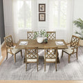 KEIKI Retro 7-Piece Wooden Dining Table Set for 6 Person, Vintage Table Set with Extendable Rectangular MDF Wood Grain Table and 6 Upholstered Chair, Easy Assembly, for Kitchen, Dining Room, White Oak