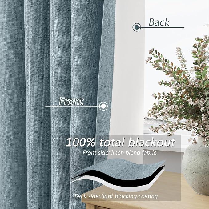 Guken Blue 100% Blackout Linen Curtains 108 Inch Length 2 Panels Set - Image 3