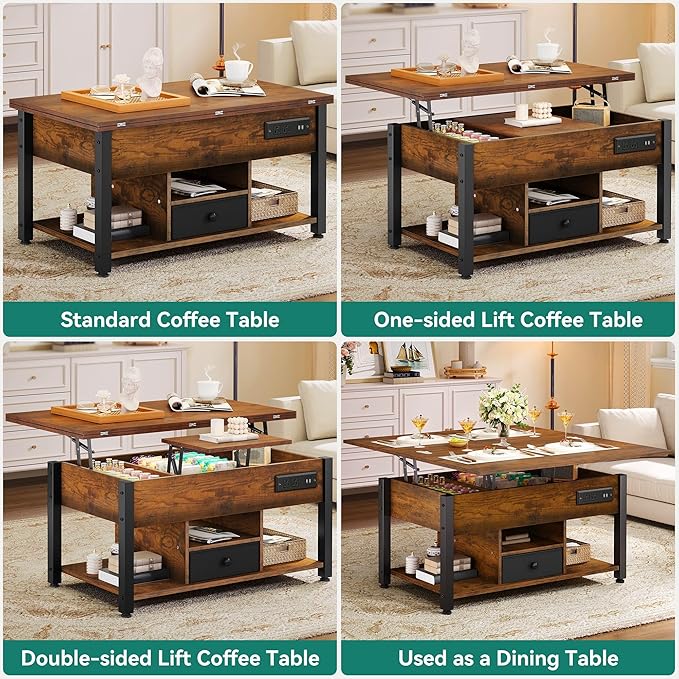 YITAHOME 4-in-1 Lift Top Coffee Table with RGB Light & Dual Tops, Multi-Function Table with Power Outlets, Storage, Converts to Dining Table Computer Desk Gaming Hub, Living Room, Home Office, Brown
