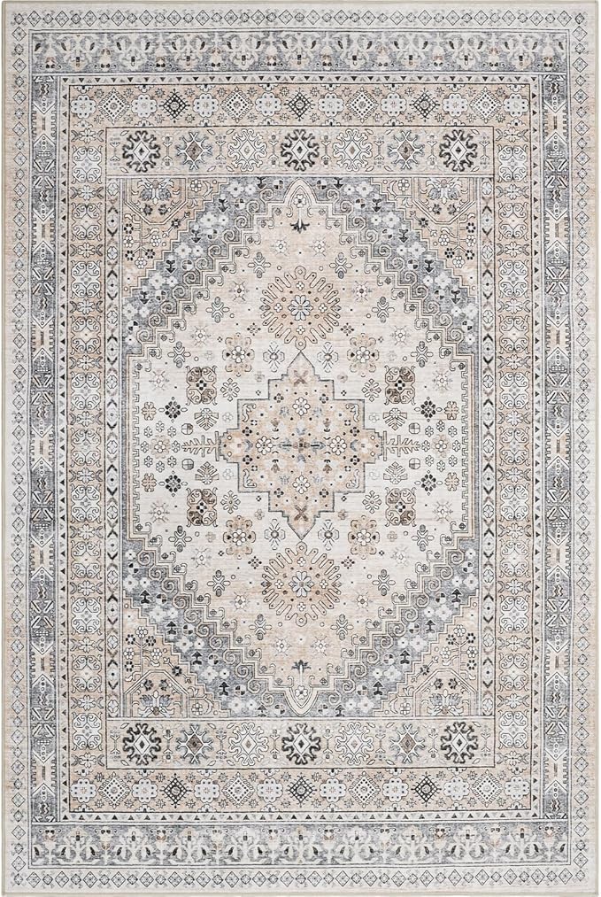 zesthome 3x5 Rug Ultra Soft Washable Rug, Non Slip Area Rug Indoor Entrance, Stain Resistant Rugs for Living Room Bedroom, Vintage Home Decor Area Rugs (Beige,3'x5')
