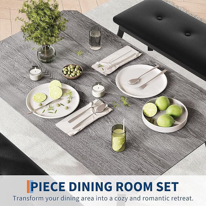 3 Piece Farmhouse Dining Table Set for 4, Compact Rustic Kitchen Table with 2 Padded Benches, Space Saving Breakfast Nook Furniture Set for Small Spaces, Apartments, Grey