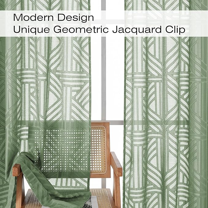 Simplebrand Sage Green Semi Sheer Curtains 45 Inch Length 2 Panels, Geometric - Image 3