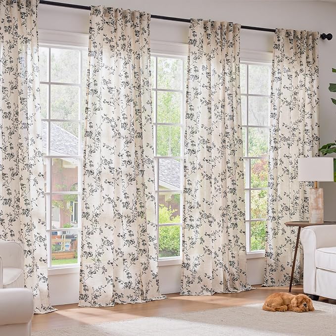 Lazzzy Farmhouse Linen Curtains Black Floral Curtains 84 Inch Length Back Tab - Image 3