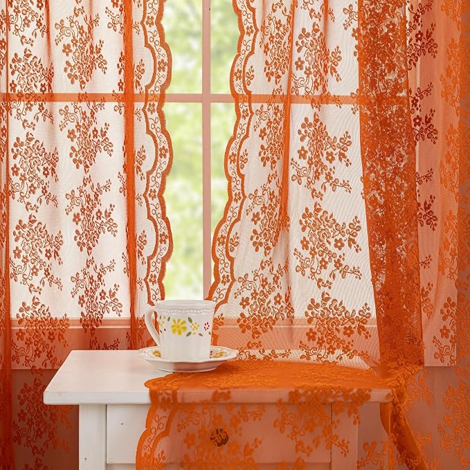 YJ YANJUN Vintage Lace Curtains 63 Inch Length Burnt Orange Sheer Curtains by YJYANJUN