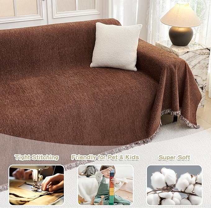 MYSKY HOME Sofa Covers Washable Sectional Couch Covers - 3 Cushion Slipcover Furniture Protector with Tassels for Kids, Dogs, Pets - 91"x134", Chocolate