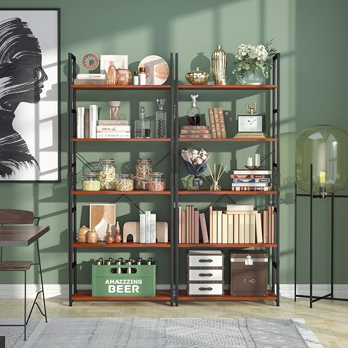 NUMENN 5 Tier Bookshelf, Tall Bookcase Shelf Storage Organizer, Modern Book Shelf for Bedroom, Living Room and Home Office, Teak