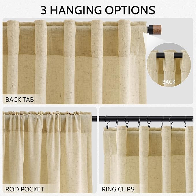 Nanspring Cream Yellow Linen Curtains 102 Inches Long - Image 2