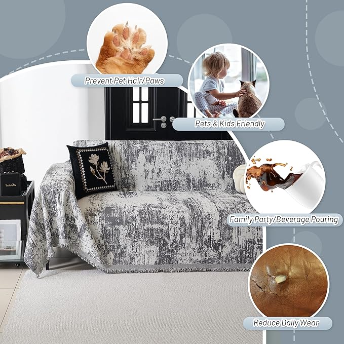 MYSKY HOME Sectional Couch Cover Deep Grey Abstract Geometric Sofa Covers for Sectional Sofa L Shape Chenille Couch Protector for Dogs Pets Couch Throw Cover Washable Durable for Home Decor, 91" X134"