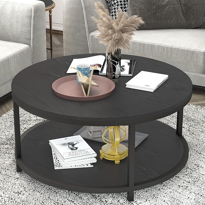 NSdirect Round Coffee Table, 36" Rustic Wooden Surface Top & Sturdy Metal Legs Industrial Sofa Table for Living Room Modern Design Home Furniture with Storage Open Shelf (Black Oak)