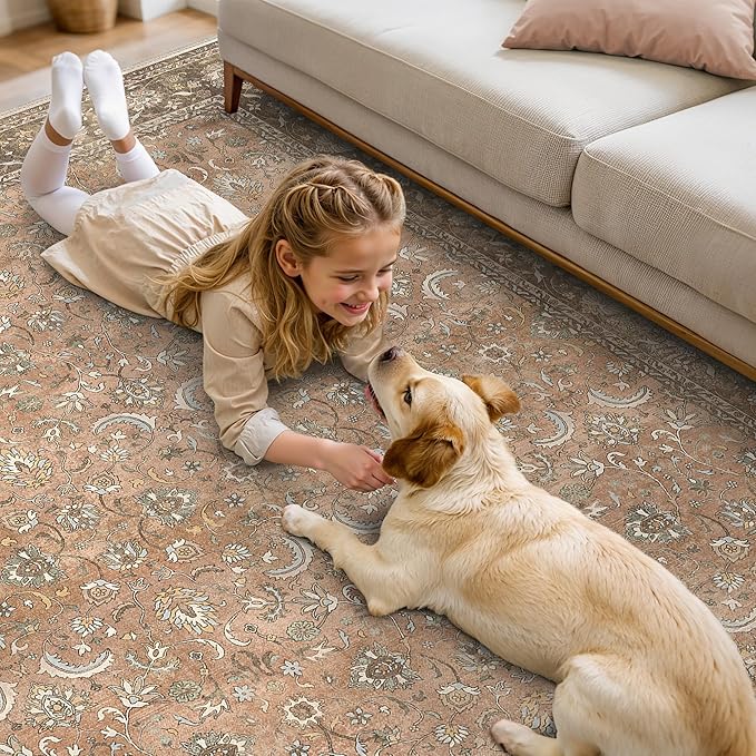 8X10 Area Rugs Machine Washable Rugs for Living Room, Vintage Boho Large Rugs for Bedroom Dining Room, Non Slip Indoor Soft Distressed Lightweight Thin Low Pile Carpet, Chestnut